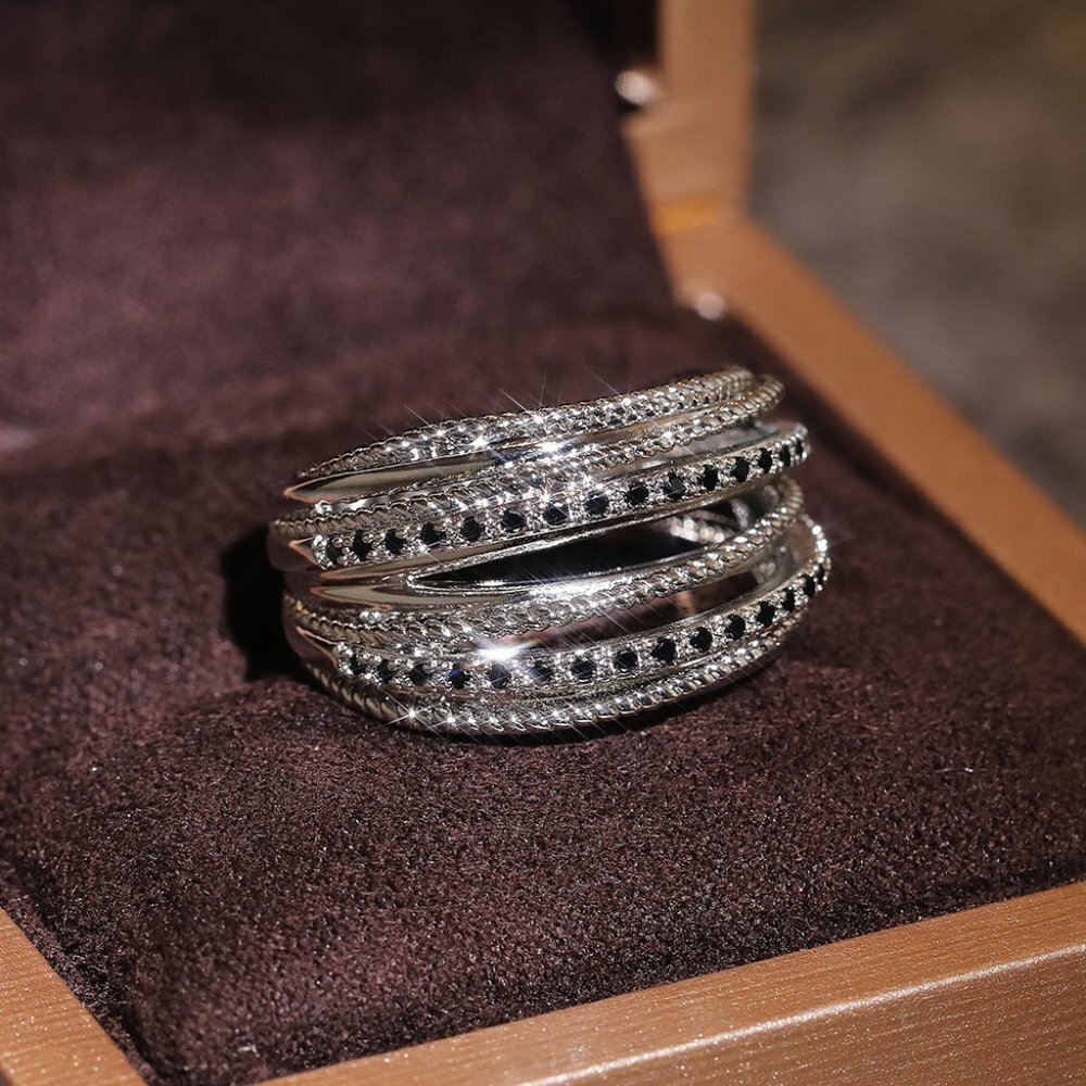 😍Multi Layer Stacking Black Zircon Sterling Silver Plated Ring for Women, L037 - Picture 4 of 8
